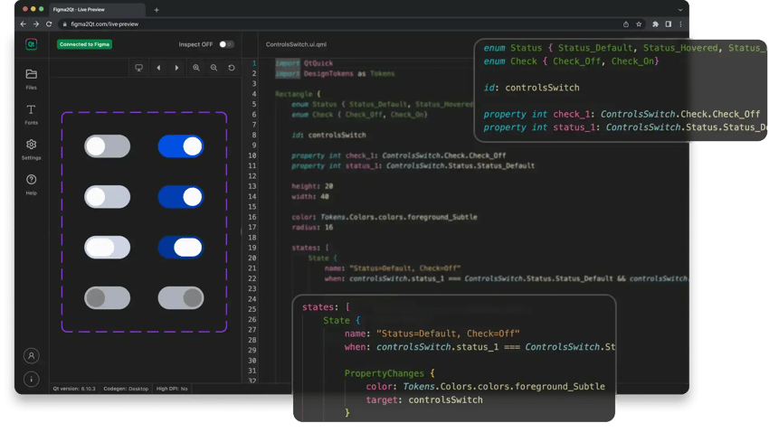 The QML code generated from your design system elements with the Figma's plug-in Figma to Qt.