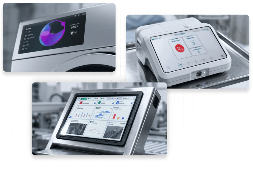 Three different GUI designs for a washing machine, a medical device, and an industrial automation screen, created in Figma and ported to the device with Figma to Qt.