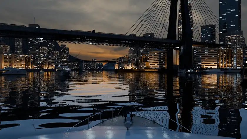 3D scene created with Qt, showing a boat navigating on a river of a modern city, going under a bridge.