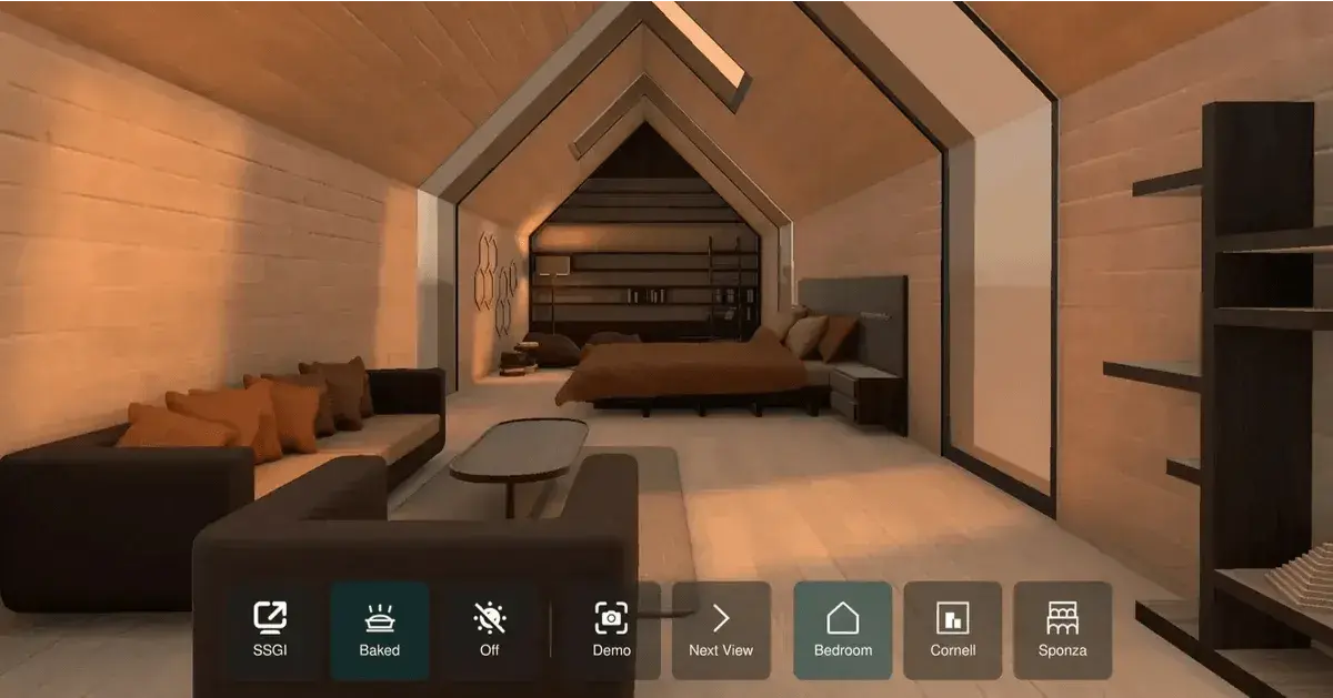 Qt's 3D framework example on global illumination, featuring a bedroom 3D scene which you can download as a Qt example and toggle on and off global illumination and screen space global illumination