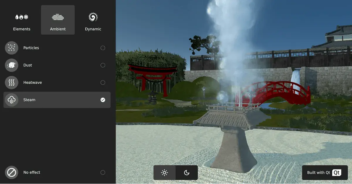 Qt's 3D framework example on particles effects, featuring a game-like scene with a steam effect bursting from a 3D model