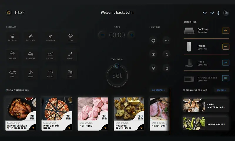 The user interface of a smart oven, built both for microcontrollers, with Qt for MCUs, and for microprocessors (MPU), with Qt.