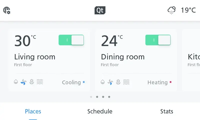 An example of a user interface for a home thermostat, built with Qt for MCUs, with the possibility to set the temperature in different rooms.
