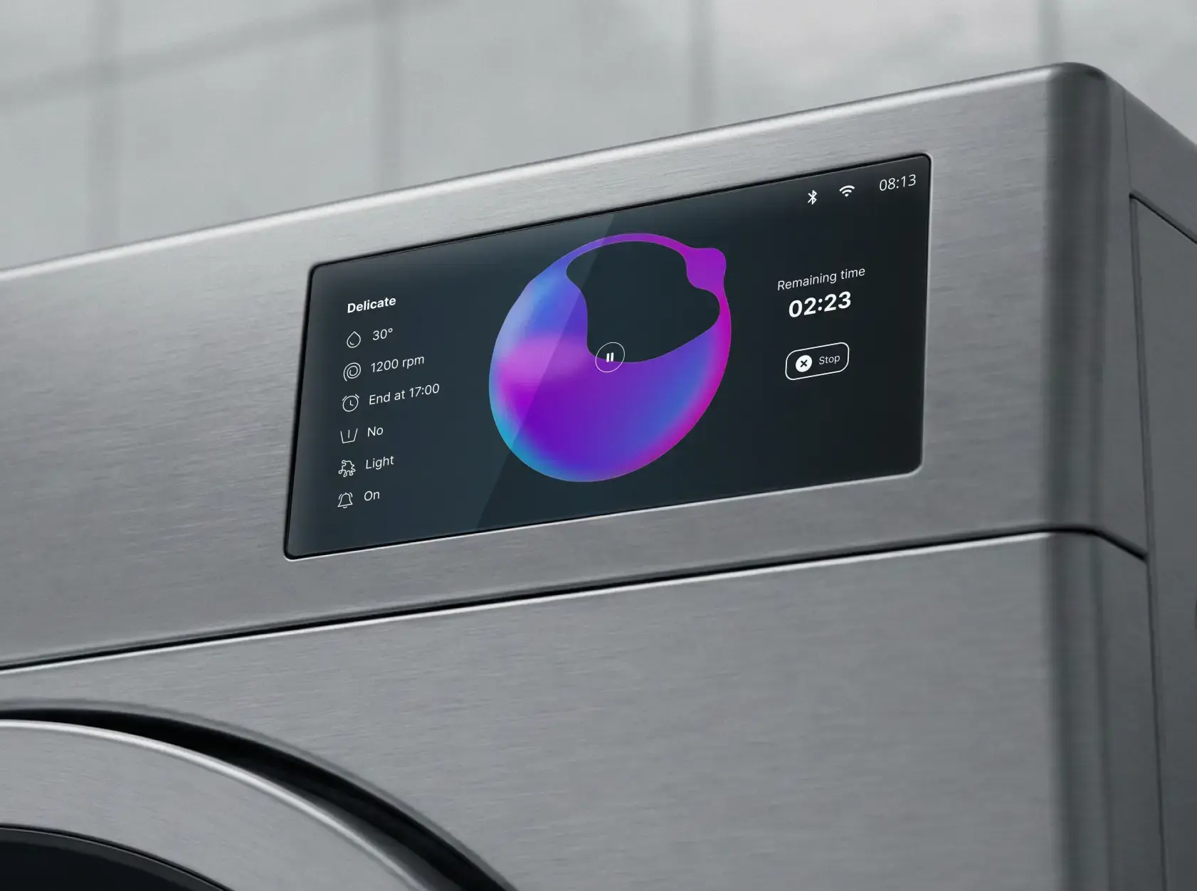 The user interface for a washing machine created in Figma and brought to the device with Figma to Qt.