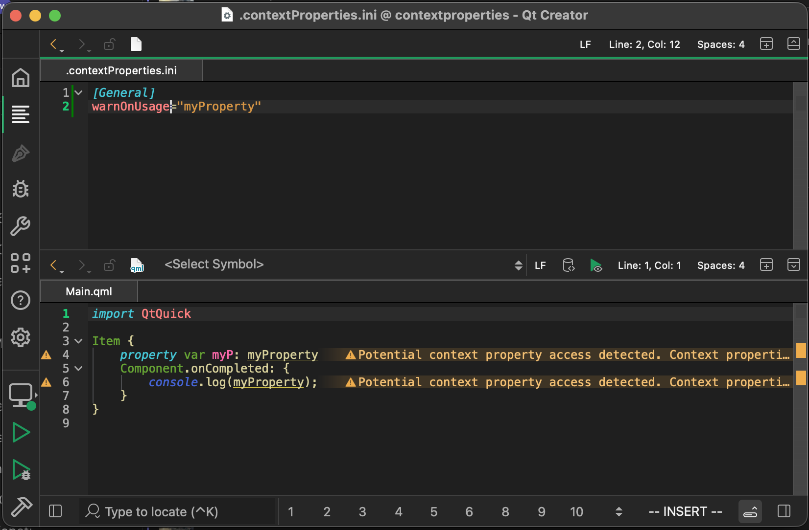 Enabling the context property warning