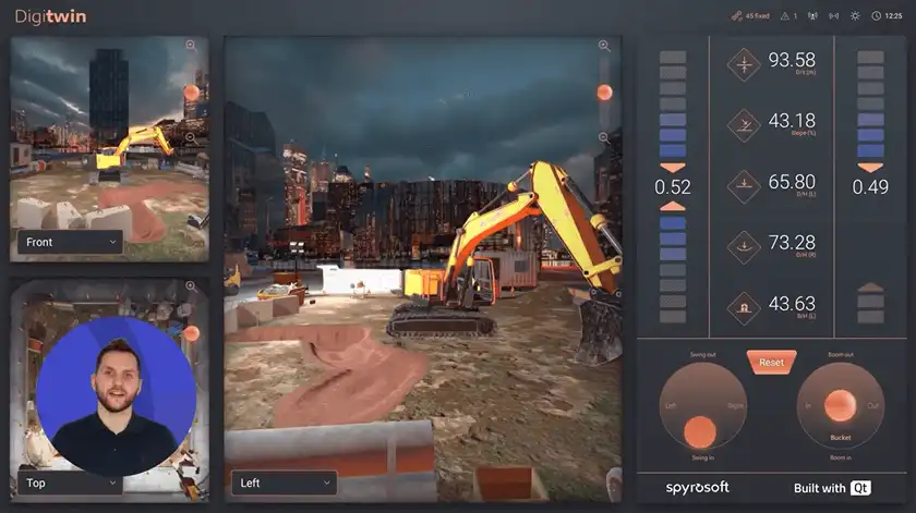 A 3D UI built with Qt for an industrial vehicle, showing real-time data and information visualized with 2D and 3D graphics.